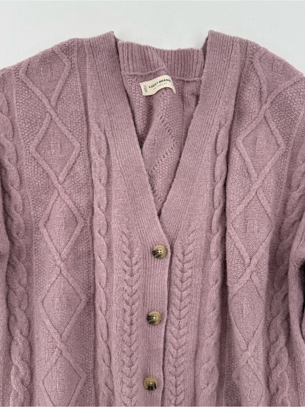 Lucky Brand Dusty Lilac Cable Knit Cardigan Sweater Medium Distressed Hem - Picture 4 of 15